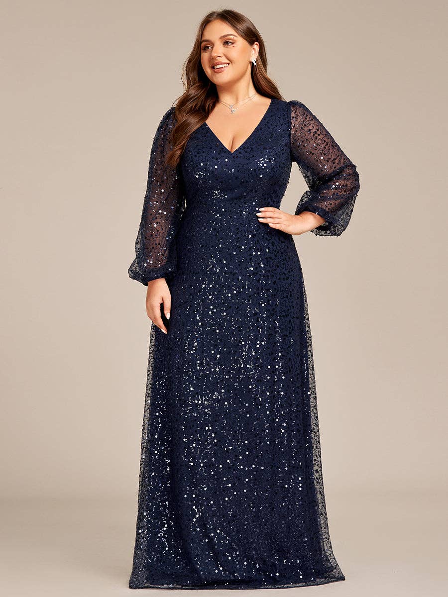 Plus Elegant waisted chiffon V-neck Long Sleeve Guest Dress