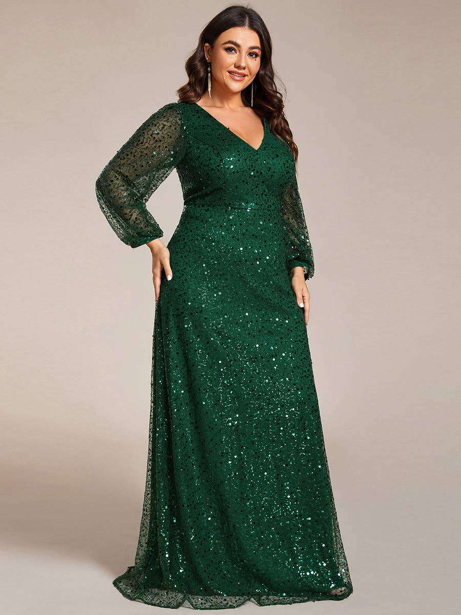 Plus Elegant waisted chiffon V-neck Long Sleeve Guest Dress