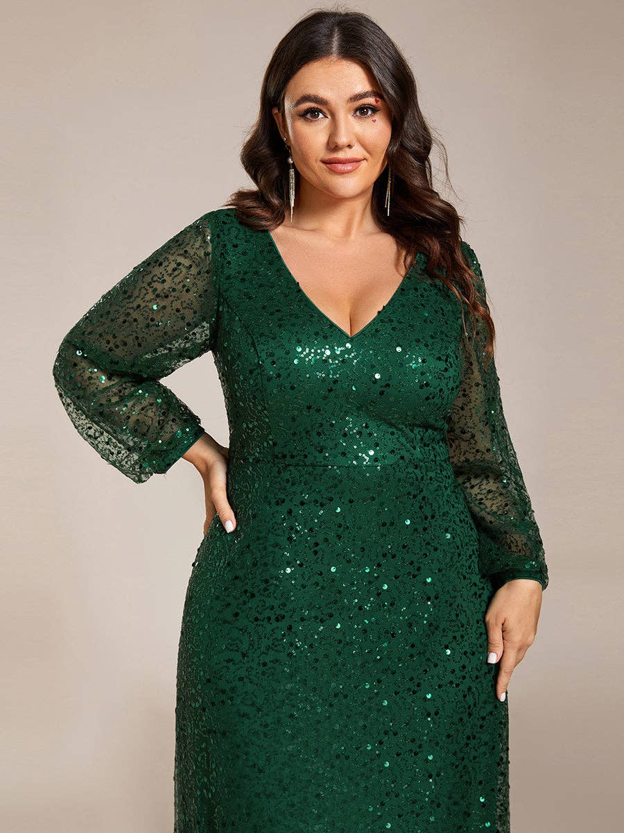 Plus Elegant waisted chiffon V-neck Long Sleeve Guest Dress