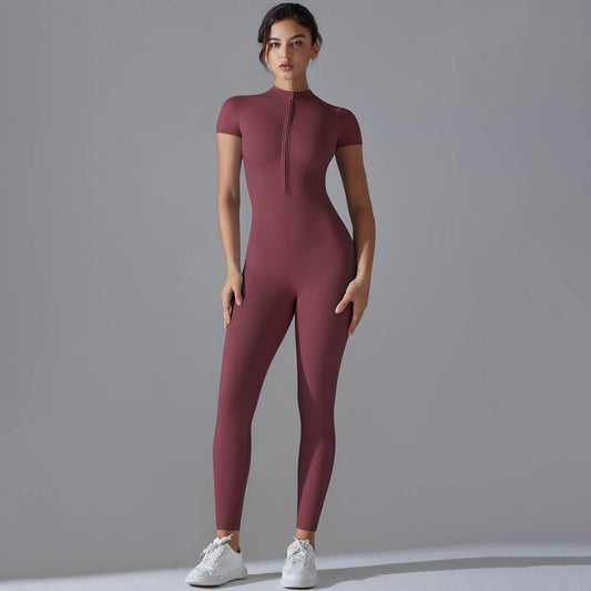 Women Half Zipper Short Sleeve Breathable Sport Jumpsuit