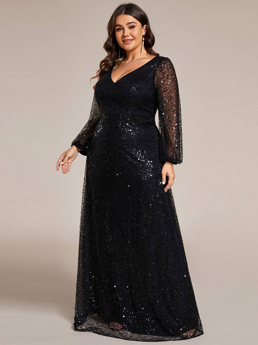 Plus Elegant waisted chiffon V-neck Long Sleeve Guest Dress