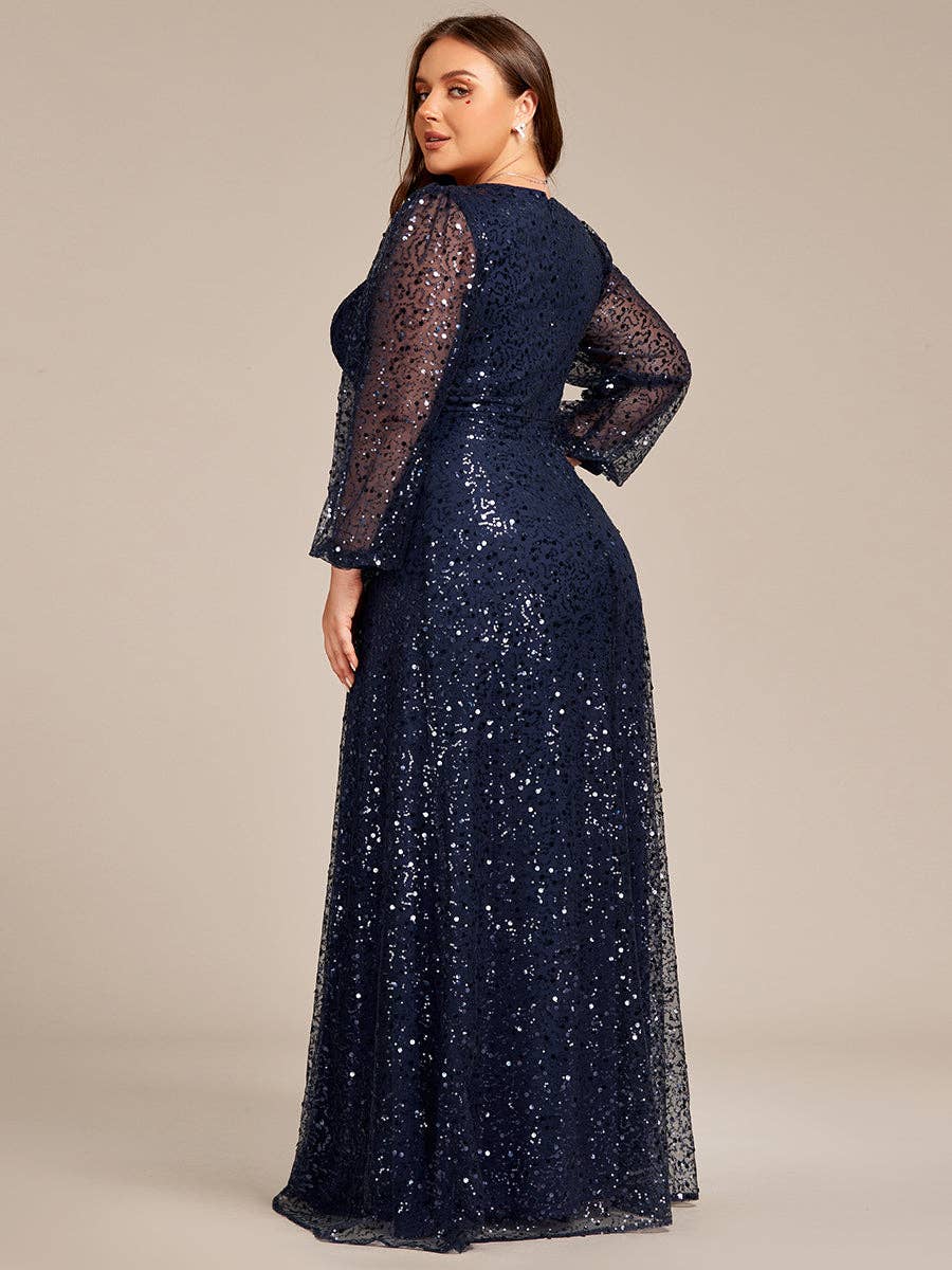 Plus Elegant waisted chiffon V-neck Long Sleeve Guest Dress