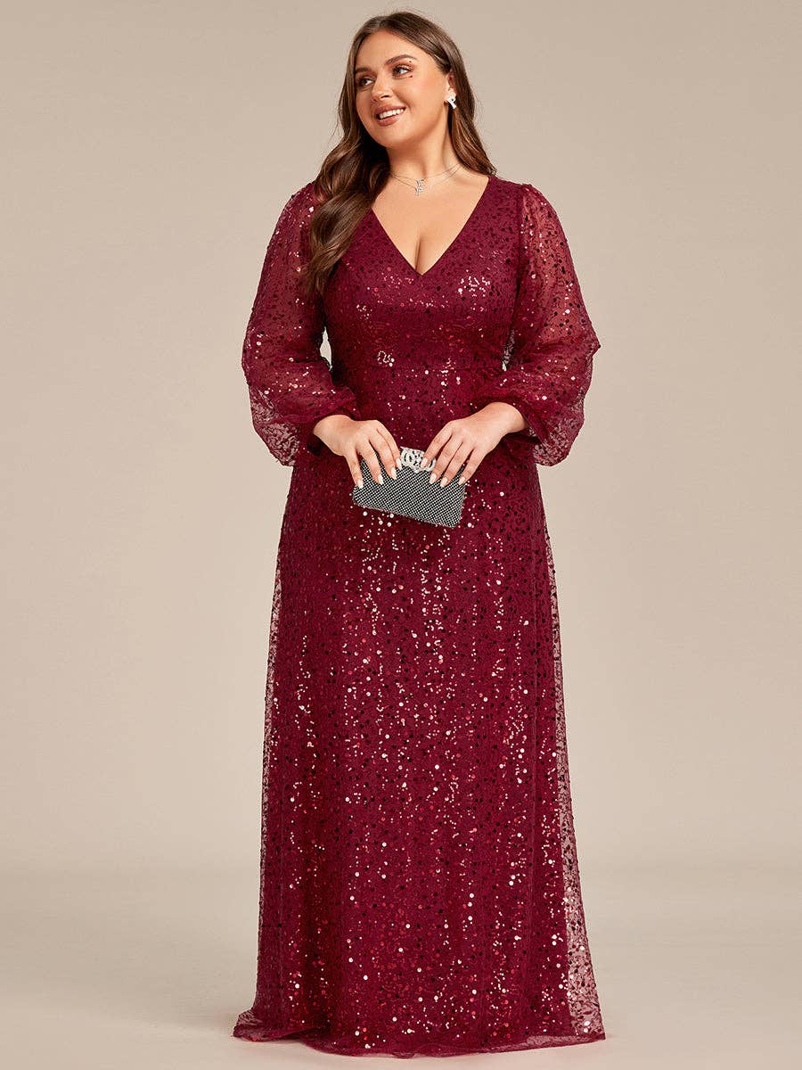 Plus Elegant waisted chiffon V-neck Long Sleeve Guest Dress