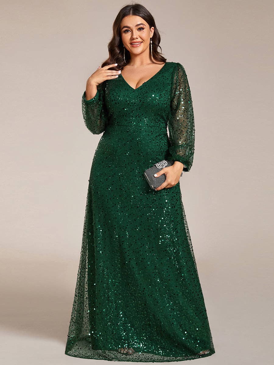 Plus Elegant waisted chiffon V-neck Long Sleeve Guest Dress