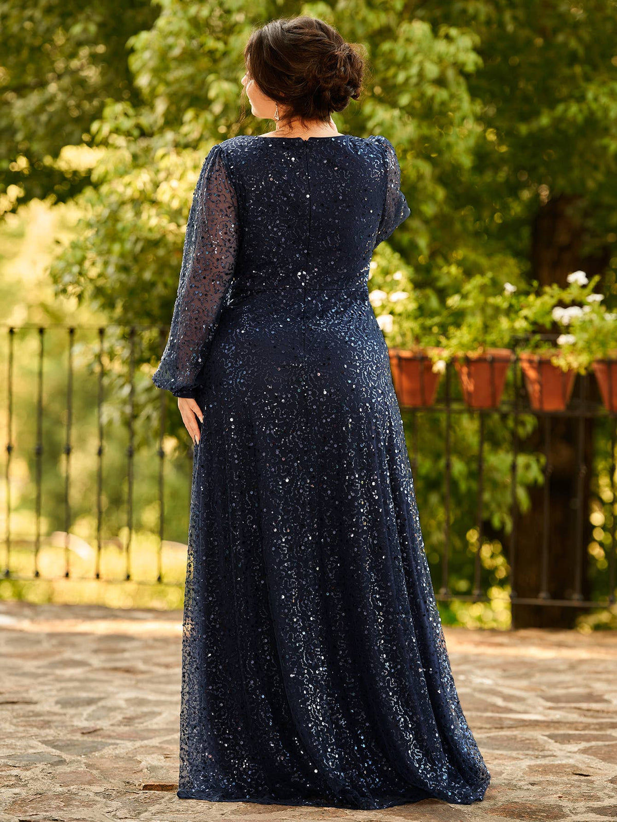Plus Elegant waisted chiffon V-neck Long Sleeve Guest Dress