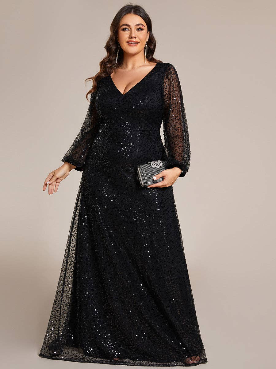 Plus Elegant waisted chiffon V-neck Long Sleeve Guest Dress