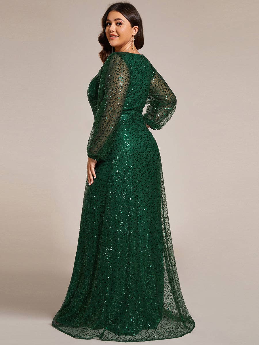Plus Elegant waisted chiffon V-neck Long Sleeve Guest Dress
