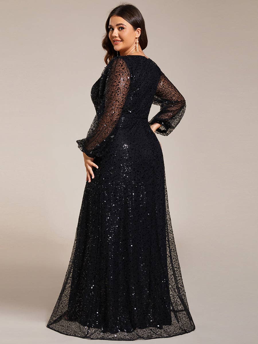Plus Elegant waisted chiffon V-neck Long Sleeve Guest Dress