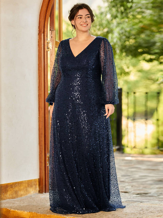 Plus Elegant waisted chiffon V-neck Long Sleeve Guest Dress