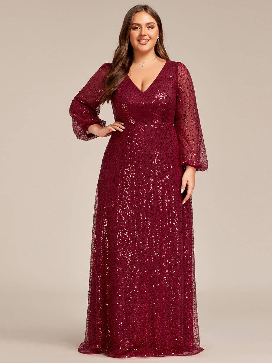 Plus Elegant waisted chiffon V-neck Long Sleeve Guest Dress