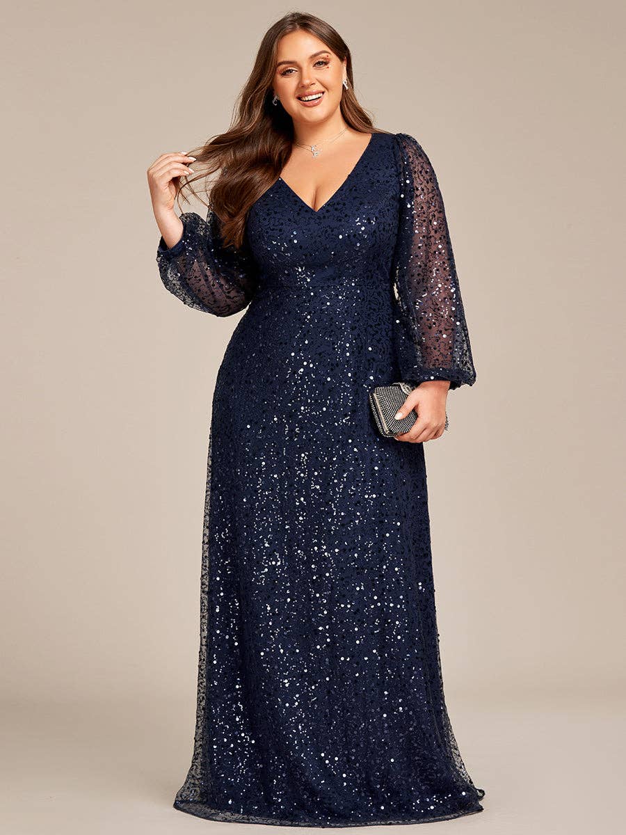 Plus Elegant waisted chiffon V-neck Long Sleeve Guest Dress