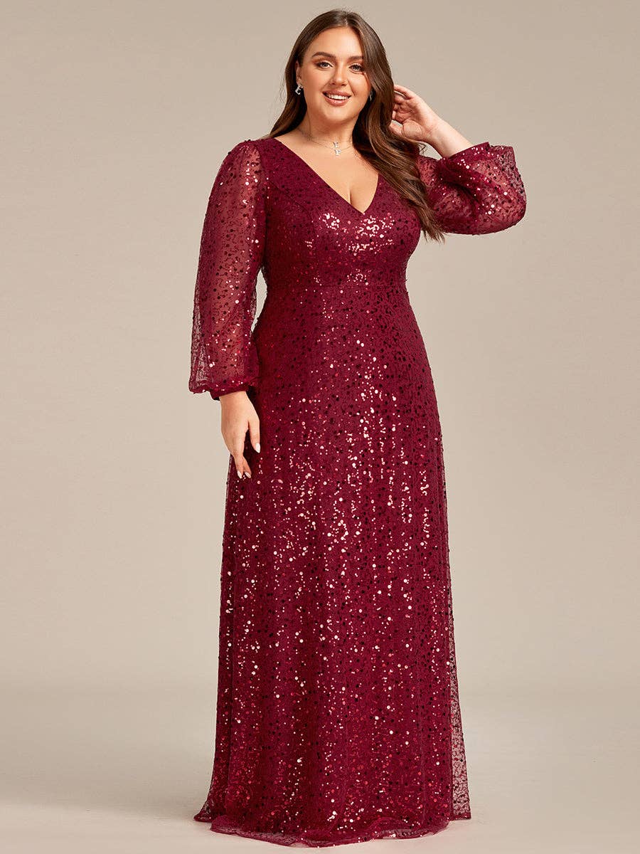 Plus Elegant waisted chiffon V-neck Long Sleeve Guest Dress