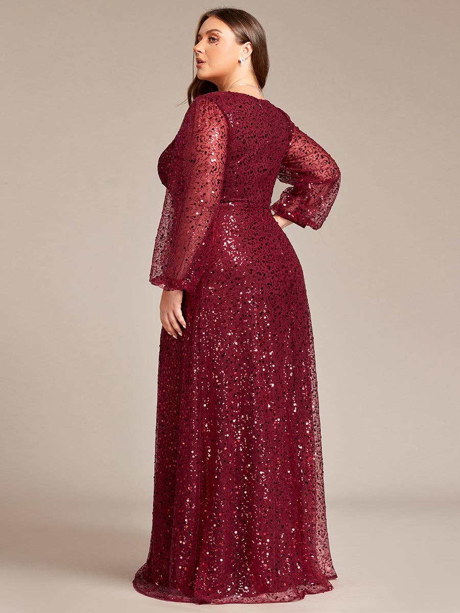 Plus Elegant waisted chiffon V-neck Long Sleeve Guest Dress