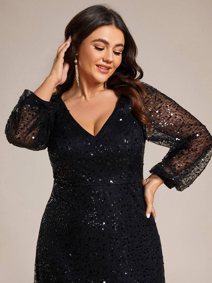 Plus Elegant waisted chiffon V-neck Long Sleeve Guest Dress