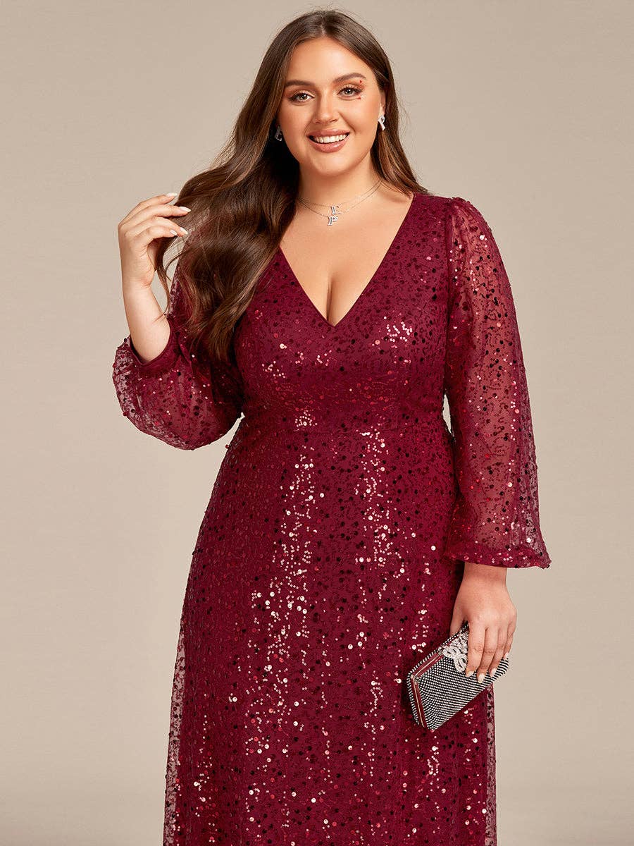 Plus Elegant waisted chiffon V-neck Long Sleeve Guest Dress