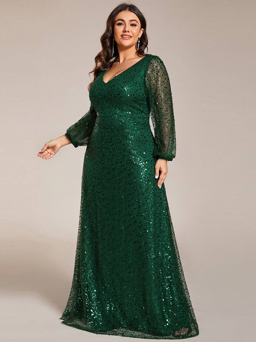 Plus Elegant waisted chiffon V-neck Long Sleeve Guest Dress