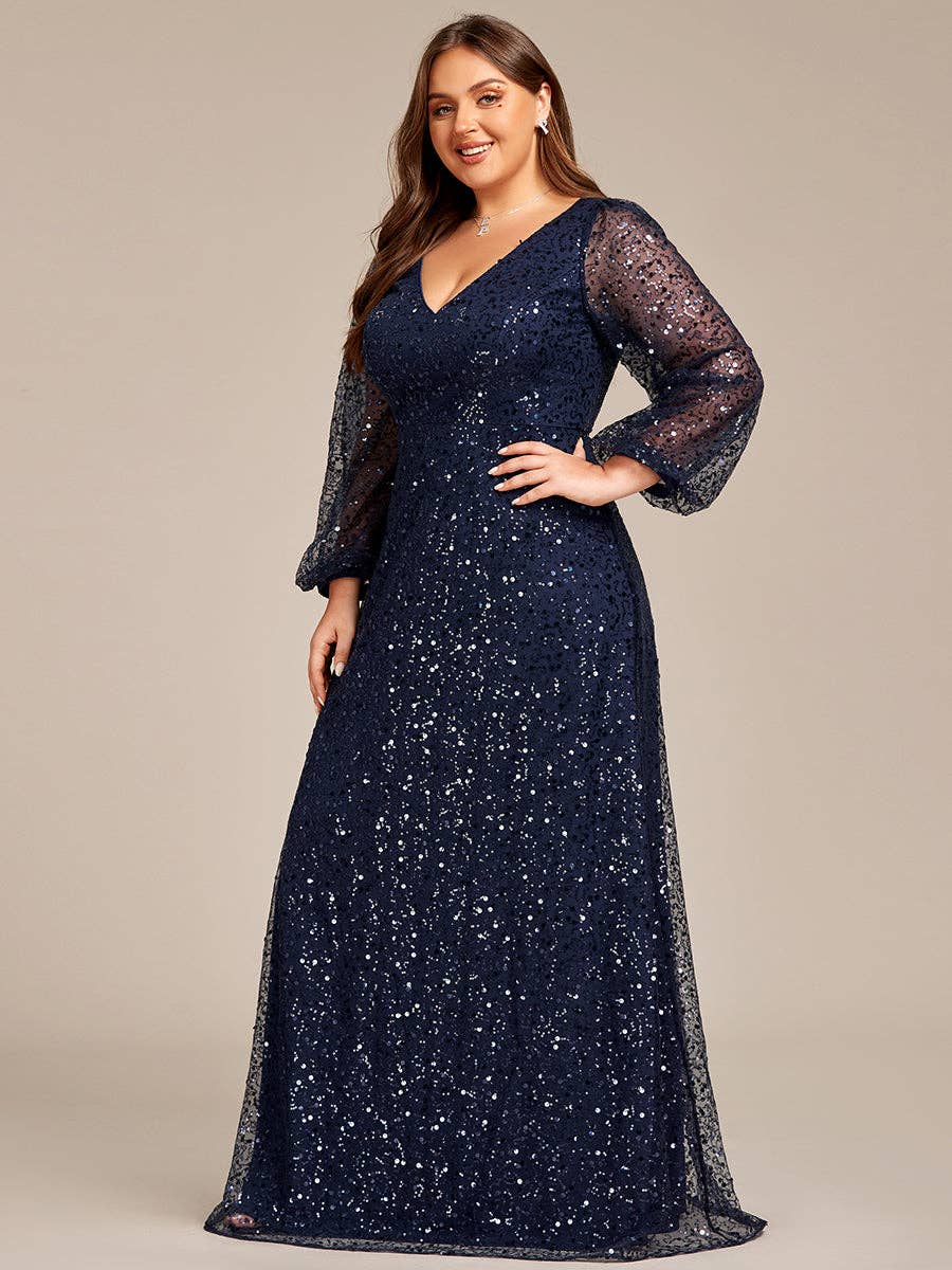 Plus Elegant waisted chiffon V-neck Long Sleeve Guest Dress