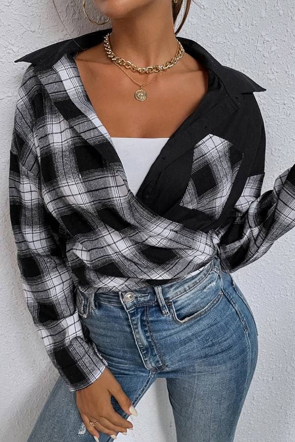 Chic Black and White Plaid Button-Up Top
