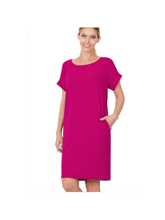 Rolled Short Sleeve Round Neck Dress